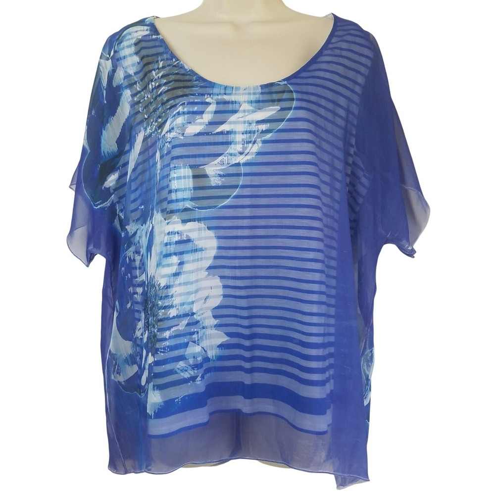 Style & Co Women Blue Floral Layered Sheer Overlay Striped Blouse Large Coastal